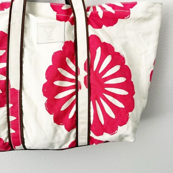 AMERICAN EAGLE | Cream Hot Pink Tote Bag Flower Yellow Interior Brown | XL - Picture 3 of 8